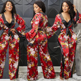 Fashion Sexy Print Deep V Long Sleeve Lace Up Trousers Jumpsuit