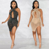 Fashion night club hot and drilled cross halter irregular slit mid skirt dress