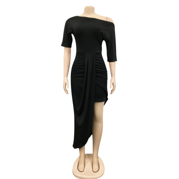 Fashion Solid Color One Shoulder Irregular Dress Women's