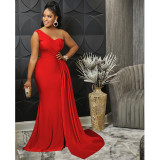Fashion Solid Color Party Tight One Shoulder Sleeve Dress Long Skirt Women