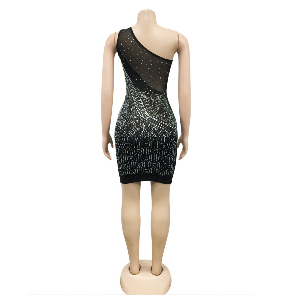 Fashion nightclub sexy tight-fitting hot-drilled slant-neck dress women's