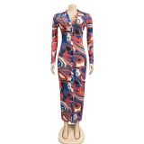 Fashion Sexy Mesh Sheer Print V-Neck Long Sleeve Dress