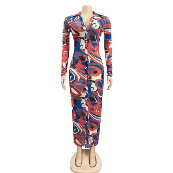 Fashion Sexy Mesh Sheer Print V-Neck Long Sleeve Dress
