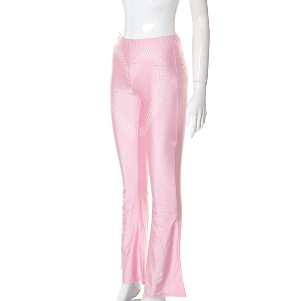 Solid Heart Hole High Waist Casual Flared Trousers