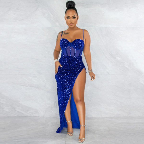 Fashion Sling Sequin Mesh Perspective Irregular Split Dress Women