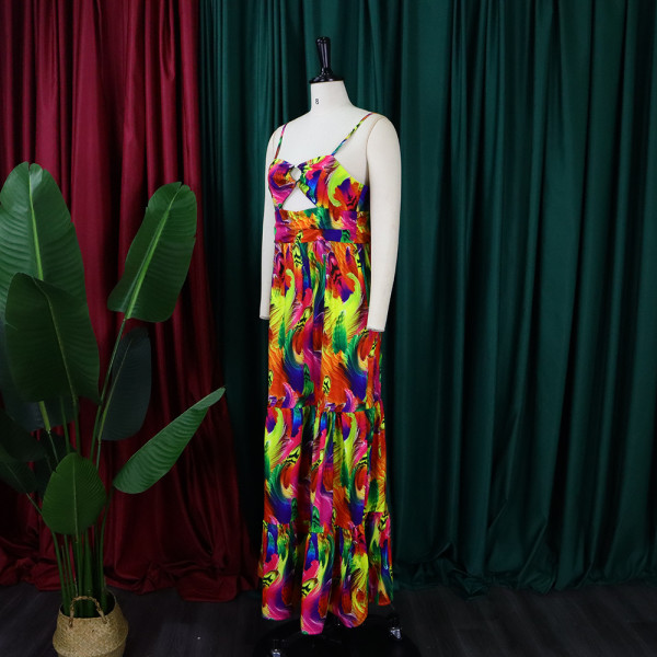 Long skirt suspender print sexy fashion style swing skirt dress