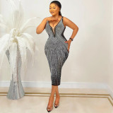 Fashionable suspenders sexy tight V-neck hot diamond dress
