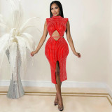 Fashion Sexy Mesh Perspective Hot Drill Hollow Slit Dress Women's