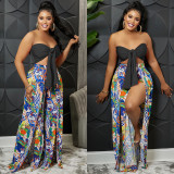 Two-piece set of fashionable strapless open-back printed slit trousers