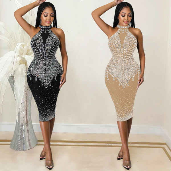 Nightclub sexy tight-fitting hot and diamond-encrusted dress women's