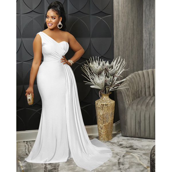Fashion Solid Color Party Tight One Shoulder Sleeve Dress Long Skirt Women