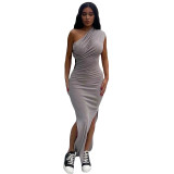 Women's Solid Color Casual Pleated Diagonal Slim Fit Long Dress