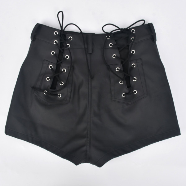 Cutout Lace-Up PU Leather Matte Statement Leggings Shorts