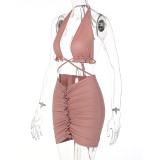 Sexy Lace-Up Back Tube Top Drawstring Ruched Skirt Set