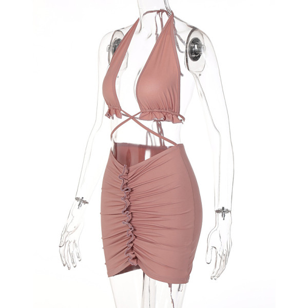 Sexy Lace-Up Back Tube Top Drawstring Ruched Skirt Set