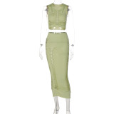 Fashion solid color hollow round neck vest slim skirt suit