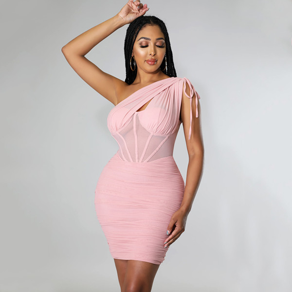 Women's sexy tight-fitting mesh see-through slanted shoulder dress short skirt women