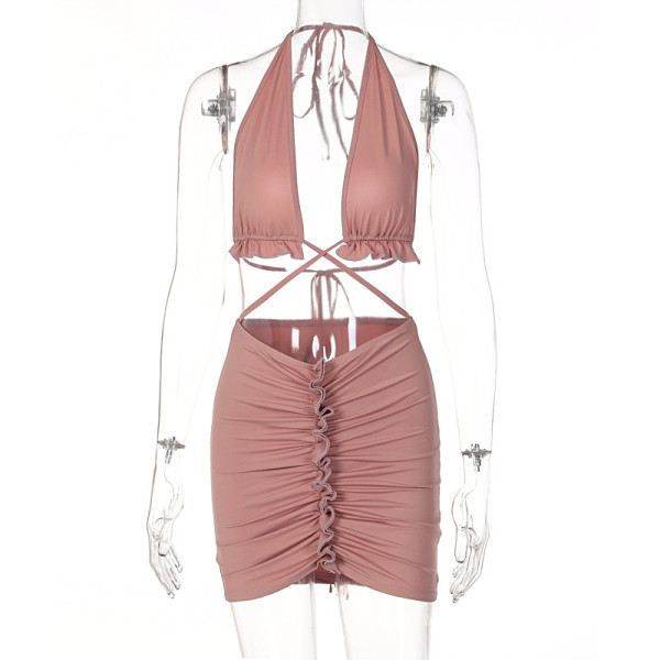 Sexy Lace-Up Back Tube Top Drawstring Ruched Skirt Set