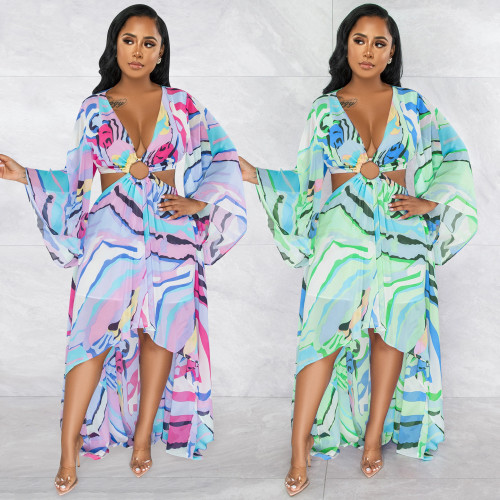 Fashion Painted V-Neck Cutout Long Sleeve Irregular Maxi Dress