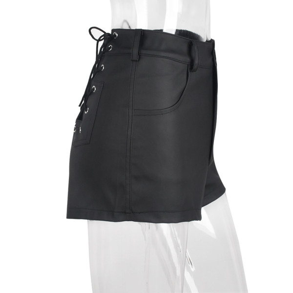 Cutout Lace-Up PU Leather Matte Statement Leggings Shorts