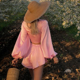 Pink Long Sleeve Lace-Up Top Sexy Shorts Set