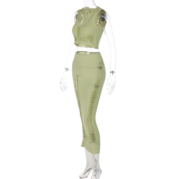 Fashion solid color hollow round neck vest slim skirt suit