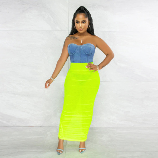 Women's fashion sexy tube top tight see-through slit bag hip denim dress