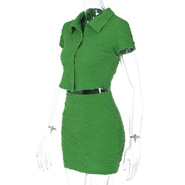 Fashion Solid Color Cardigan Button Short Sleeve Top Slim Skirt Set