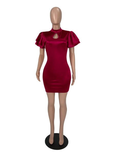 Round neck lotus leaf sleeves, sexy slim fit hip dress, nightclub women's clothing