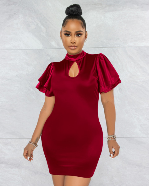 Round neck lotus leaf sleeves, sexy slim fit hip dress, nightclub women's clothing