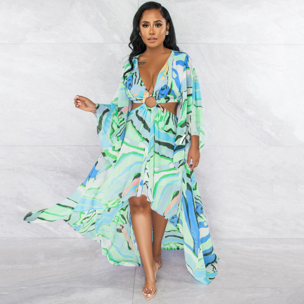 Fashion Painted V-Neck Cutout Long Sleeve Irregular Maxi Dress
