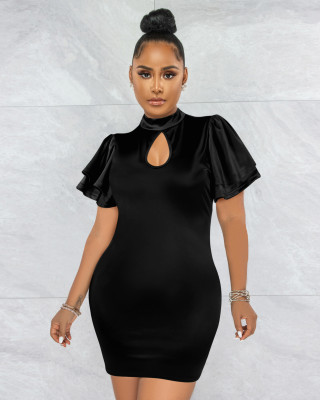 Round neck lotus leaf sleeves, sexy slim fit hip dress, nightclub women's clothing