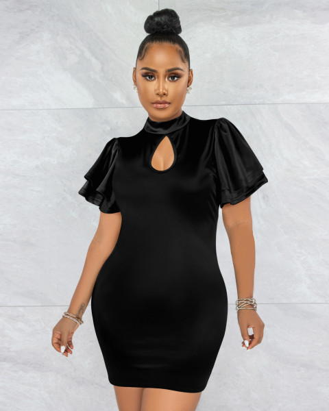 Round neck lotus leaf sleeves, sexy slim fit hip dress, nightclub women's clothing