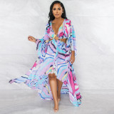 Fashion Painted V-Neck Cutout Long Sleeve Irregular Maxi Dress