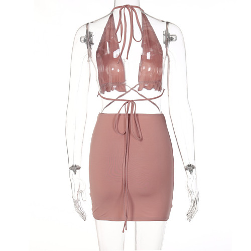 Sexy Lace-Up Back Tube Top Drawstring Ruched Skirt Set