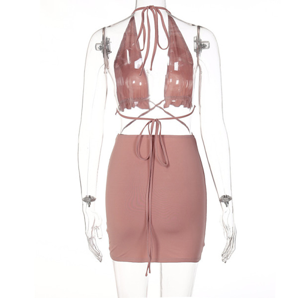 Sexy Lace-Up Back Tube Top Drawstring Ruched Skirt Set