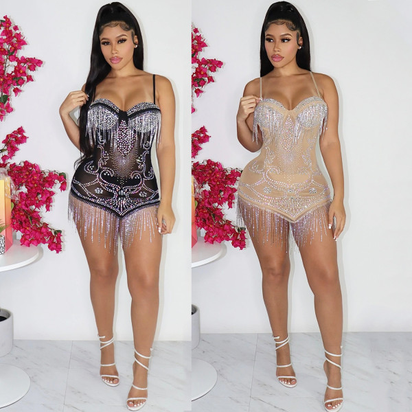 Women's Sexy Mesh Hot Drill Sling Fringe Dress