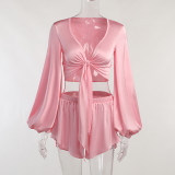 Pink Long Sleeve Lace-Up Top Sexy Shorts Set