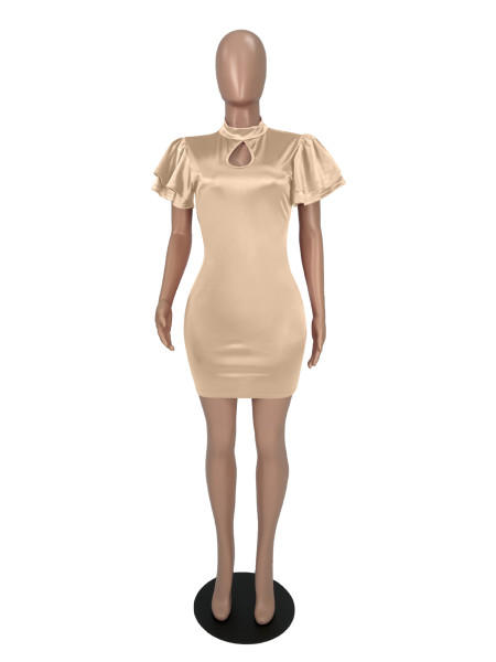Round neck lotus leaf sleeves, sexy slim fit hip dress, nightclub women's clothing