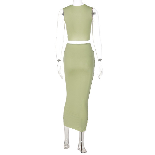 Fashion solid color hollow round neck vest slim skirt suit