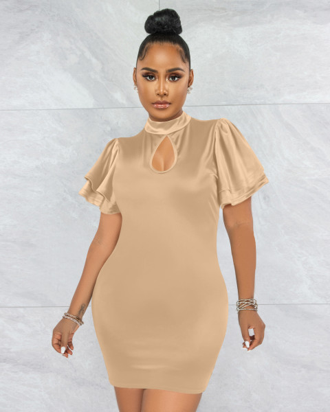 Round neck lotus leaf sleeves, sexy slim fit hip dress, nightclub women's clothing