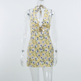 Metal Hollow Floral Deep V Beautiful Back Sexy Pack Hip Halter Dress