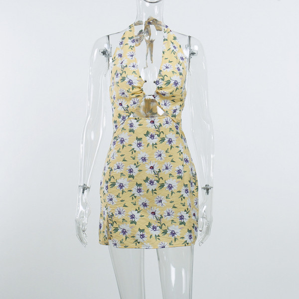 Metal Hollow Floral Deep V Beautiful Back Sexy Pack Hip Halter Dress