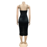 Fashion Women's Solid Color Sling Sexy Tight Mesh Perspective Irregular Dress