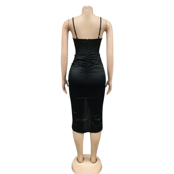Fashion Women's Solid Color Sling Sexy Tight Mesh Perspective Irregular Dress