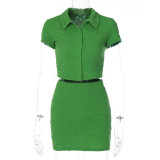 Fashion Solid Color Cardigan Button Short Sleeve Top Slim Skirt Set