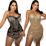 Women's Sexy Mesh Hot Drill Sling Fringe Dress