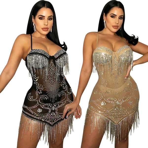 Women's Sexy Mesh Hot Drill Sling Fringe Dress