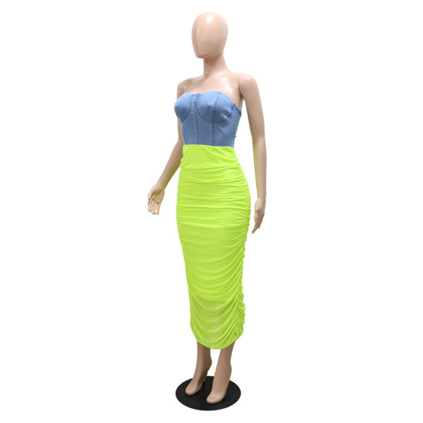 Women's fashion sexy tube top tight see-through slit bag hip denim dress