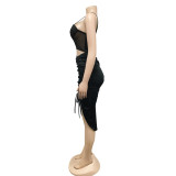 Fashion Women's Solid Color Sling Sexy Tight Mesh Perspective Irregular Dress